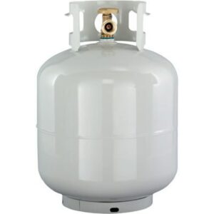A white propane tank with the valve on.