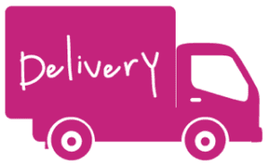 A pink delivery truck with the word " delivery " written on it.