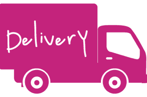 A pink delivery truck with the word " delivery " written on it.