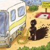 A cartoon of a person pulling on the hose to get out of a bus.