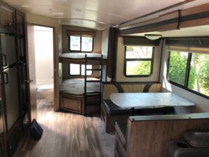 A view of the inside of a camper.