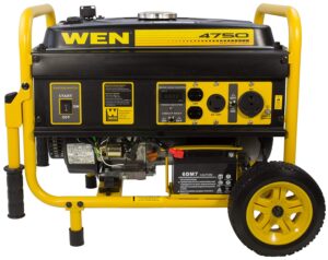 A yellow and black generator with wheels on the side.