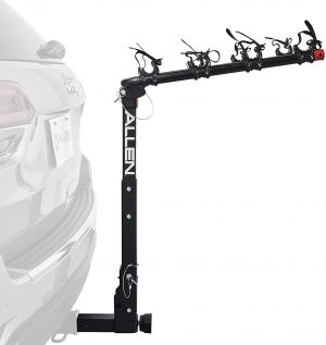 A black suv with an Allen Sports 4-Bike Hitch Rack for 2 in. Hitch Deluxe Locking attached to it.