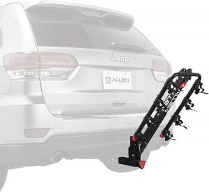 A suv with an Allen Sports 4-Bike Hitch Rack for 2 in. Hitch Deluxe Locking attached to it.