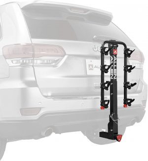 A SUV with an Allen Sports 4-Bike Hitch Rack attached to it.