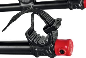 A black and red Add Allen Sports 4-Bike Hitch Rack with a red handle.
