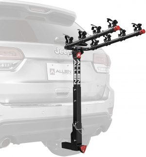 A suv with an Allen Sports 4-Bike Hitch Racks for 2 in. Hitch Deluxe Locking attached to it.