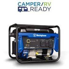 A blue and black generator is in the camper / rv ready logo.
