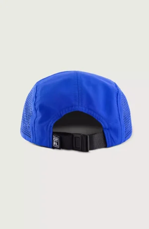 A blue hat with a black strap on the back of it.