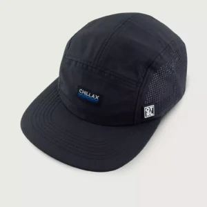 A black hat with a blue patch on it