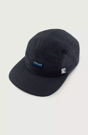 A black hat with a blue patch on it