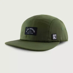 A green hat with a patch on the front.