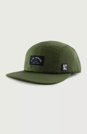 A green hat with a patch on the front.