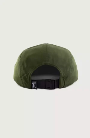 A green hat with a black strap around the back of it.