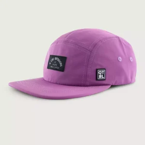 A purple hat with a patch on the side.