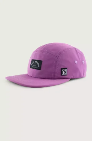 A purple hat with a patch on the side.