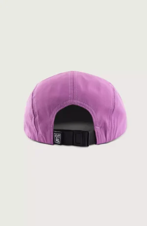 A purple hat with a black strap on the back.