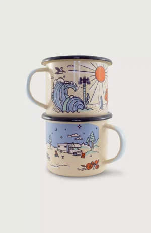 Two mugs with a picture of the ocean and sun.