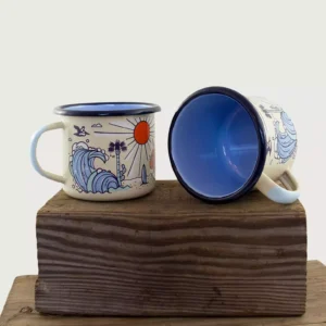 Two mugs sitting on top of a wooden block.