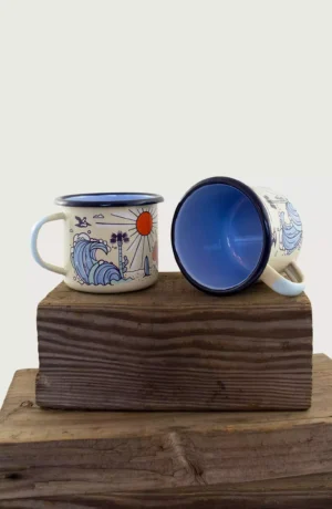 Two mugs sitting on top of a wooden block.