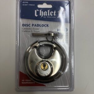 A package of a disc padlock with a key.