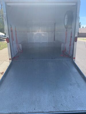 A view of the back end of a trailer.